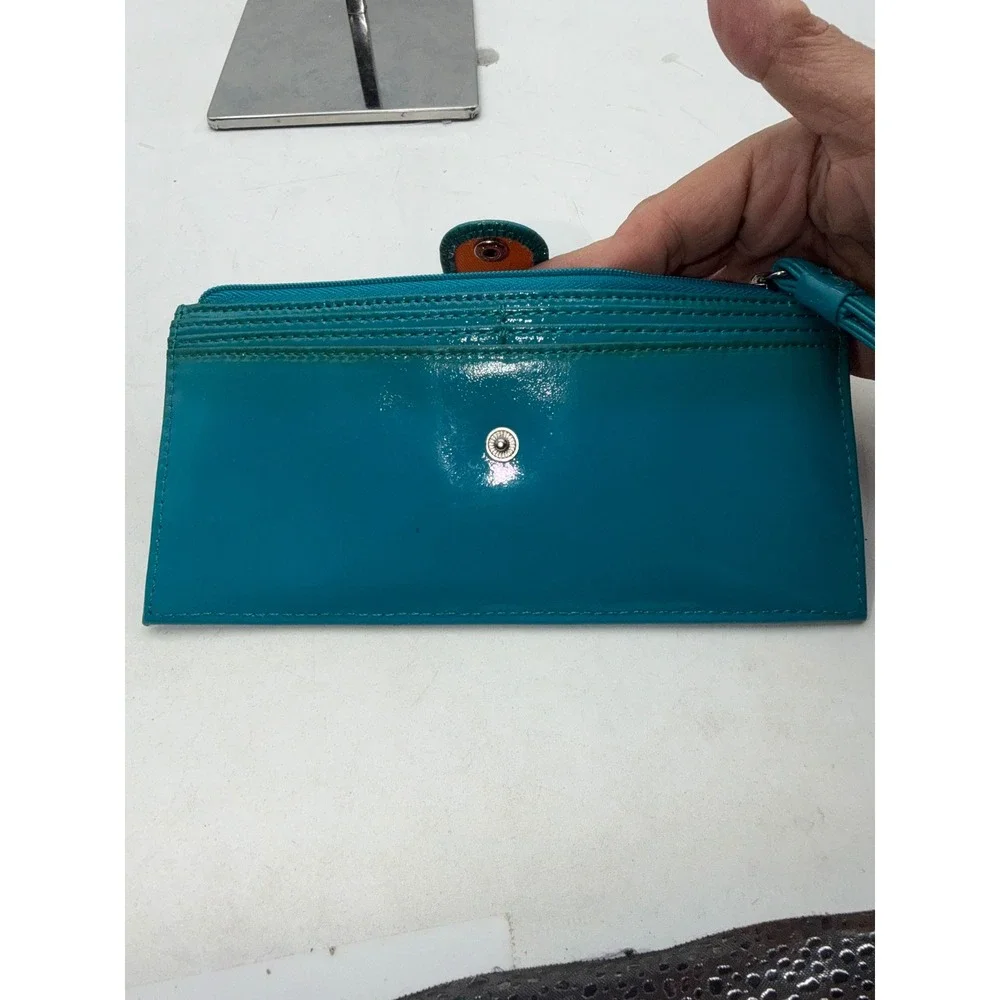 Hobo The Original Teal Patent Leather Wristlet Clutch Wallet Orange Lining